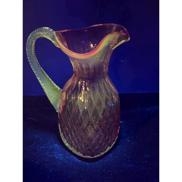 Rossi Art Glass Handblown Cranberry Optic Quilt Glass Pitcher w/ Applied Clear H - Picture 5 of 16